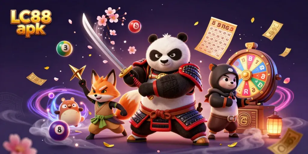 Experience thrill with LC88 apk showcasing a dynamic samurai panda and ninja fox in a magical casino universe.