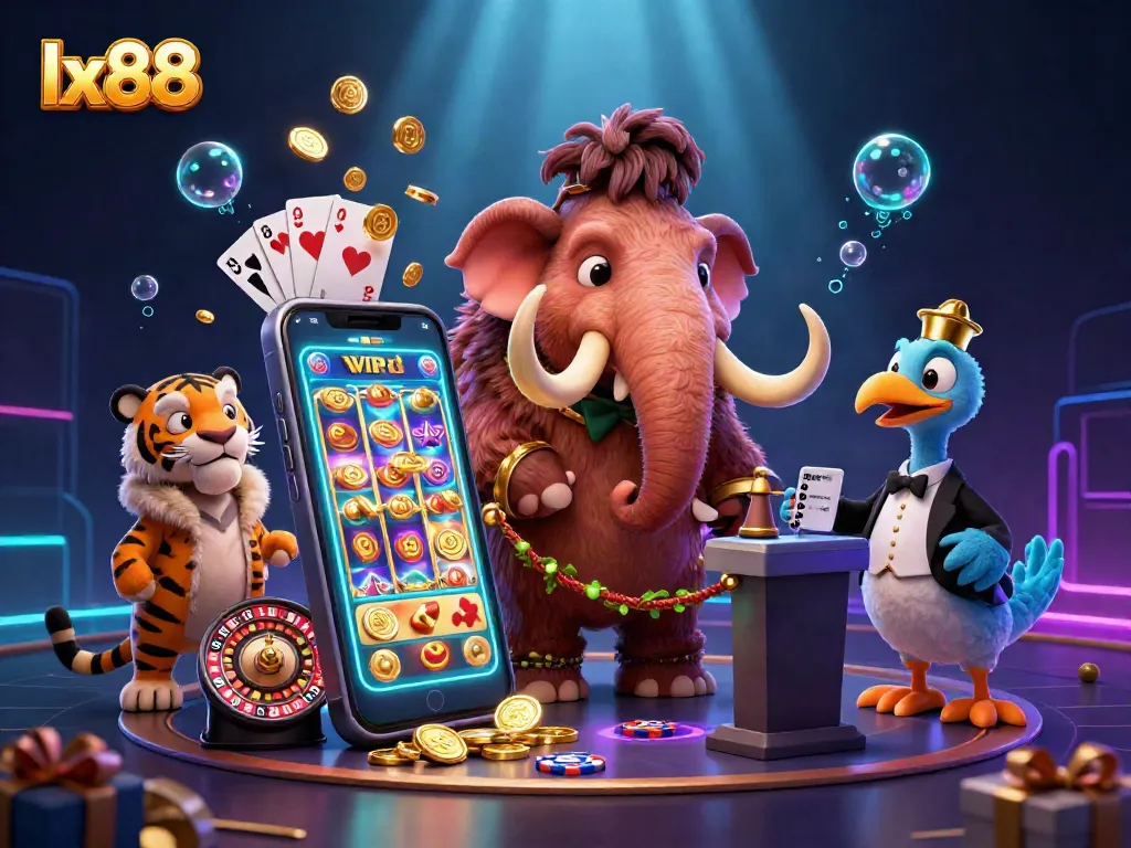 Play exciting lx88 casino games with a vibrant 3D illustration featuring unique characters and engaging elements.