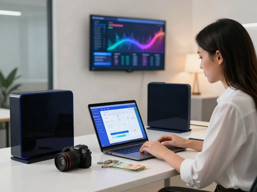 Engaging scene showcasing a young professional making rút tiền 78win transactions online in a modern workspace.