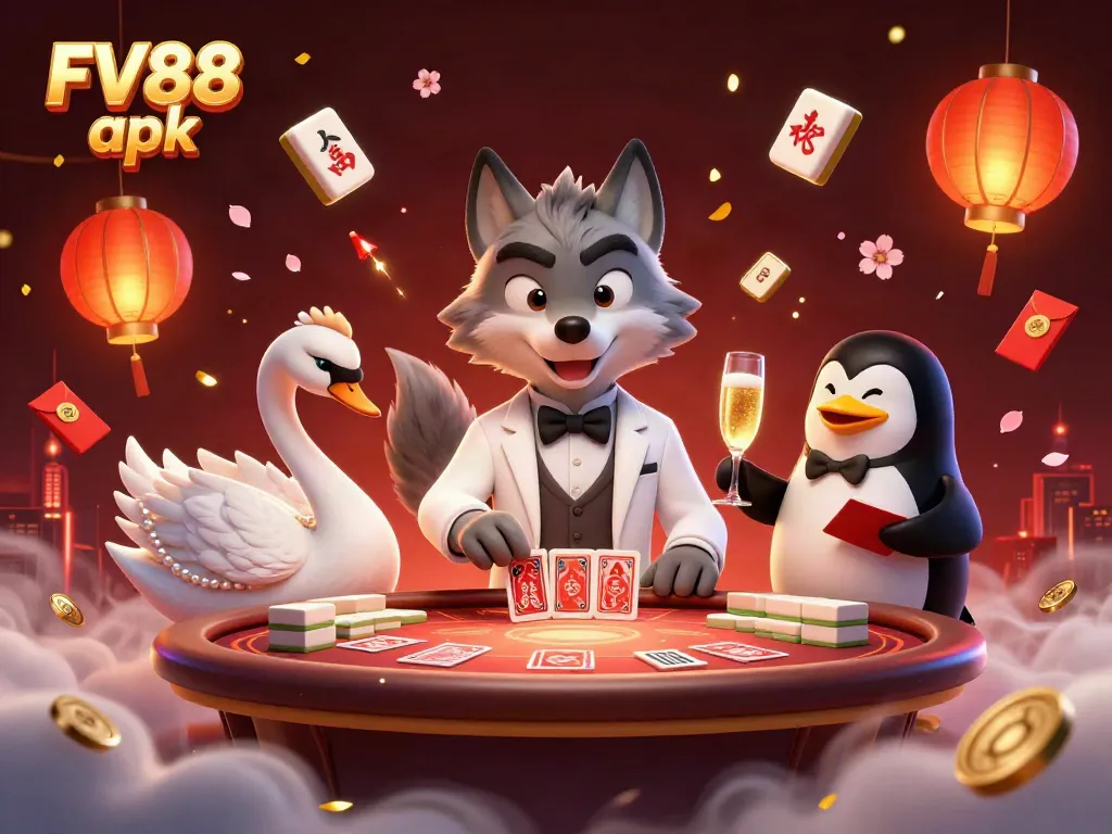 Experience strategic gameplay with FV88 apk featuring a debonair wolf, elegant swan, and sophisticated penguin at a baccarat table.