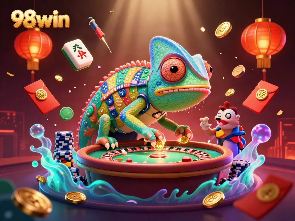 Experience the thrill of 98win casino with vibrant 3D illustration of a chameleon owner amidst colorful game elements.