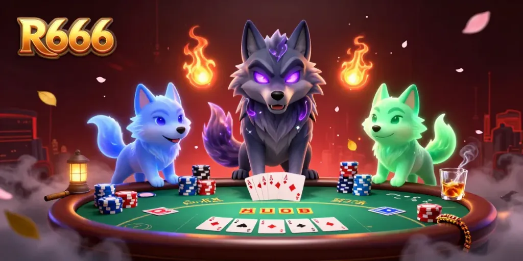 R666 gaming scene showcasing spectral wolves amidst vibrant poker elements and a mystical atmosphere.