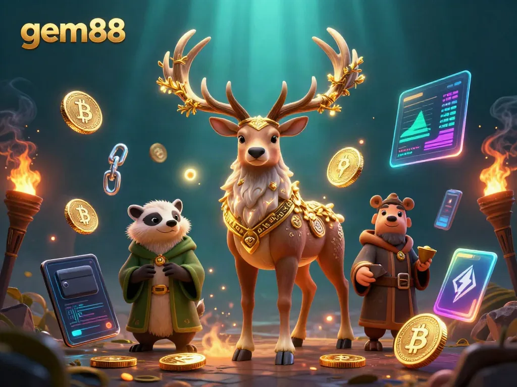 Engage with gem88's exciting online casino experience featuring a magical druid and badger amidst glowing crypto elements.