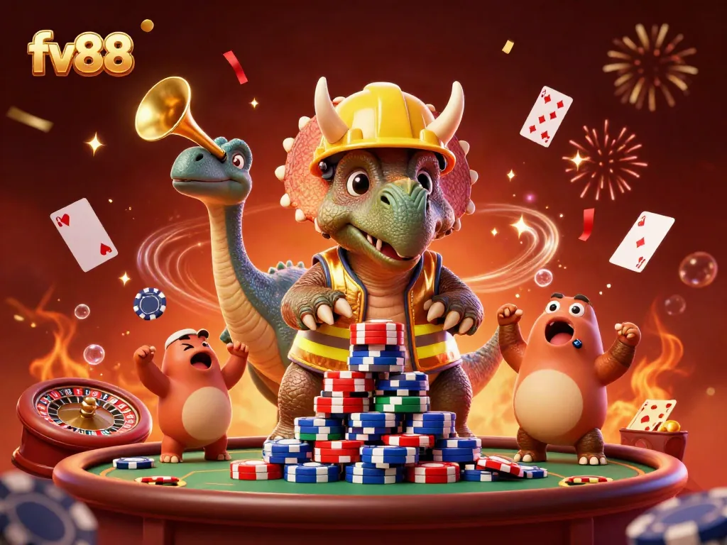 Engage in exciting gambling with FV88 as triceratops builds poker chip pyramid in a dynamic casino scene.