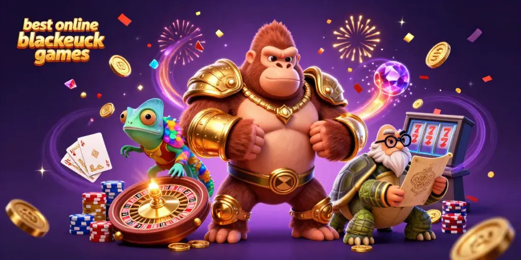 Engage with the best online blackjack games featuring a powerful gorilla king in a vibrant casino scene.