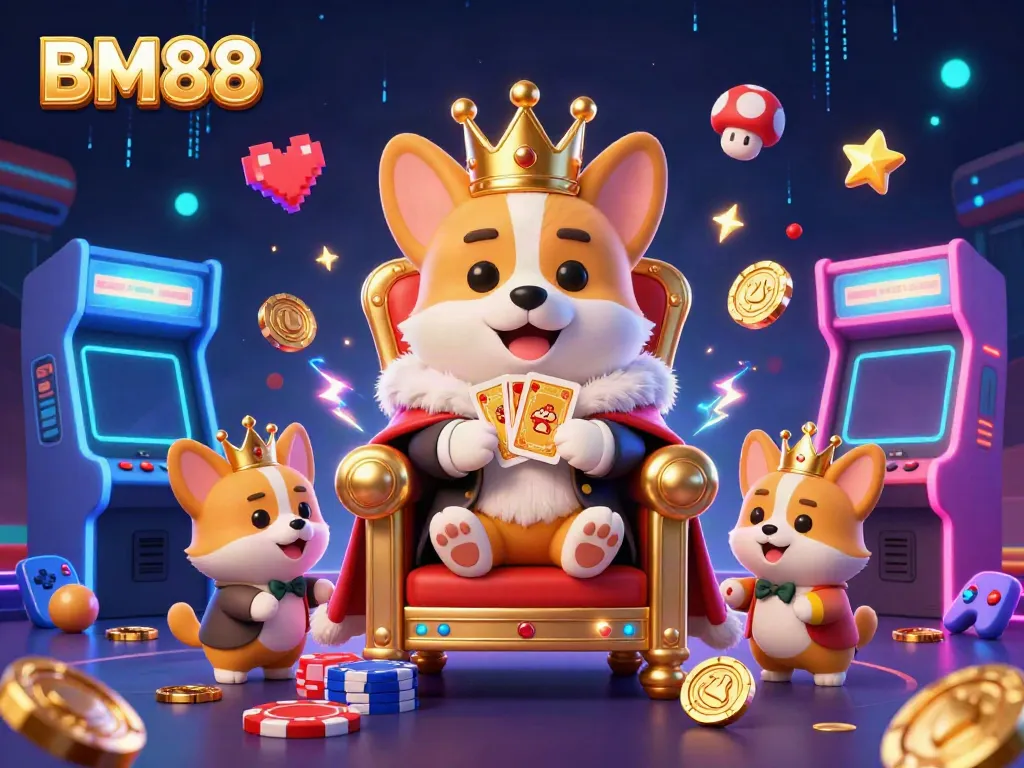 Experience vibrant gaming excitement at BM88 with royal characters surrounded by colorful arcade elements.