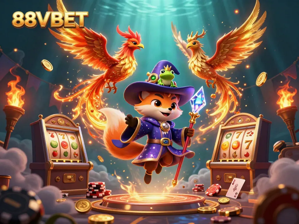 Engage exciting slots action with 88VBET showcasing a wizard, phoenix, and magical elements.