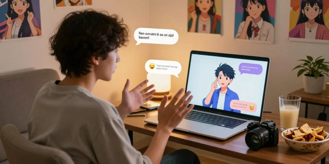 Engaging AI ecchi chat scene featuring a user interacting with character on a laptop in a cozy home environment.