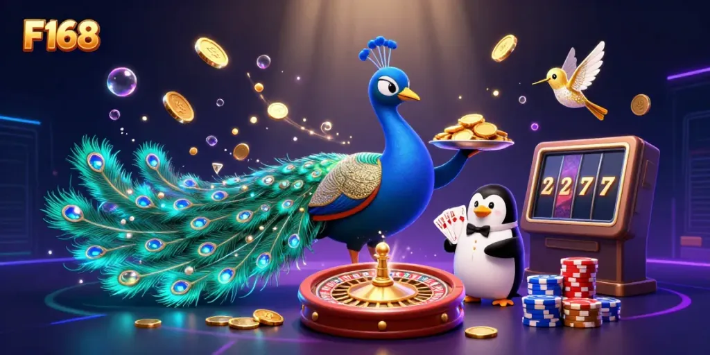 Experience thrilling gameplay at F168 with a vibrant casino scene featuring a colorful peacock and penguin butler.