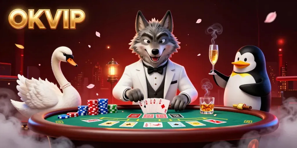 Experience the excitement of OKVIP with a captivating 3D scene featuring a debonair wolf, an elegant swan dealing cards, and a penguin sommelier.