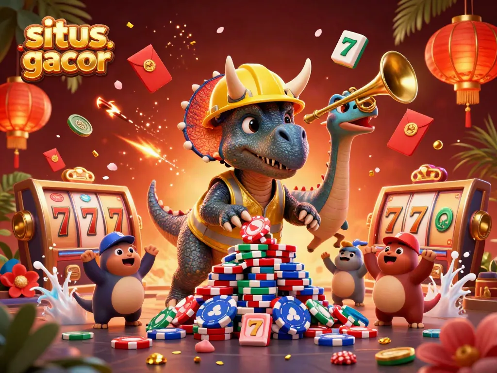 Engage with situs slot gacor as a triceratops builds poker chip pyramid amidst vibrant gambling elements.