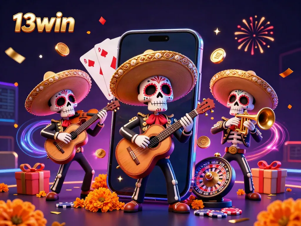 Engage with 13win's vibrant online gaming world featuring a lively skeleton mariachi band amidst casino elements.
