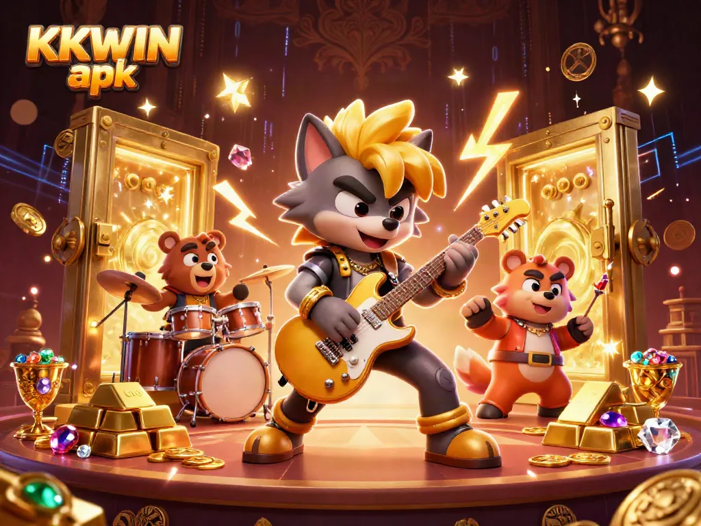 Experience thrilling wins with KKWIN apk as a rock star wolf shreds on stage amidst treasures and casino excitement.