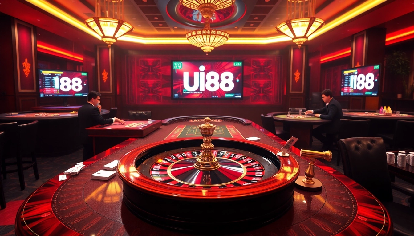Players engaging with the UU88 casino platform at a luxurious gaming table, showcasing vibrant atmosphere and excitement.