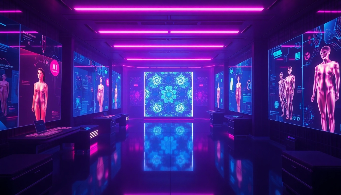 Futuristic digital landscape showcasing AI porn technology with holographic images and interactive screens.