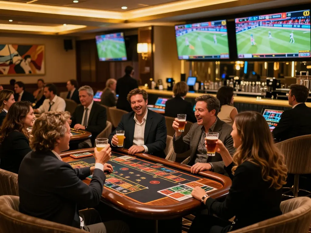 Guests enjoying sports betting at MB66 casino bar with engaging atmosphere and vibrant screens.