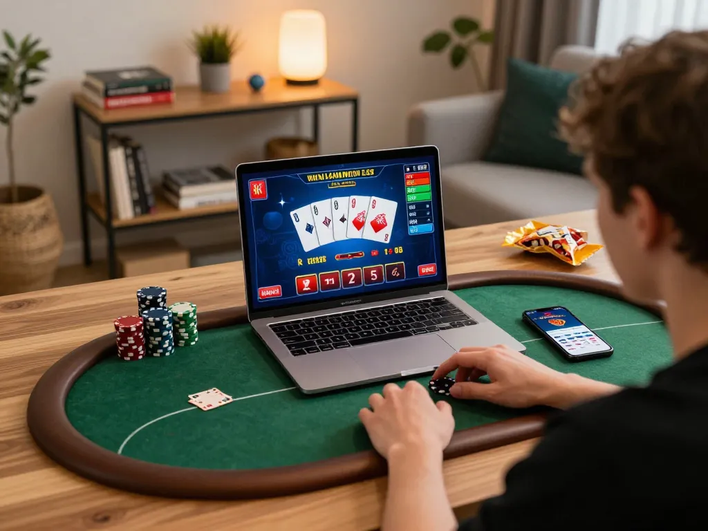 Player exploring the go88 online casino interface for thrilling Poker bets in a cozy home setup.