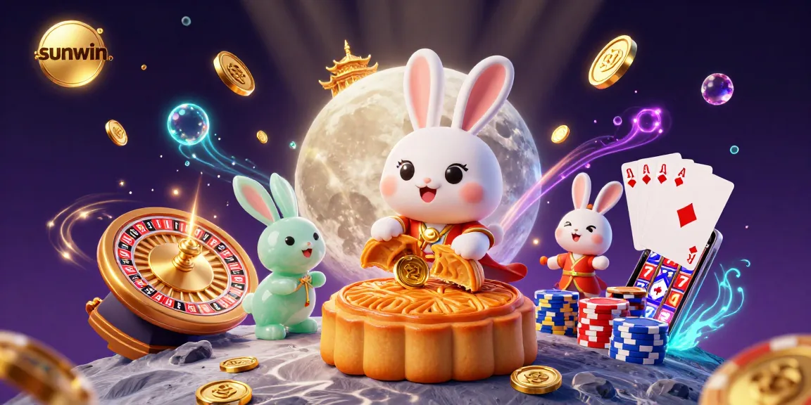 Experience thrilling wins at sunwin. with a vibrant 3D scene featuring a lucky moon rabbit and casino elements.