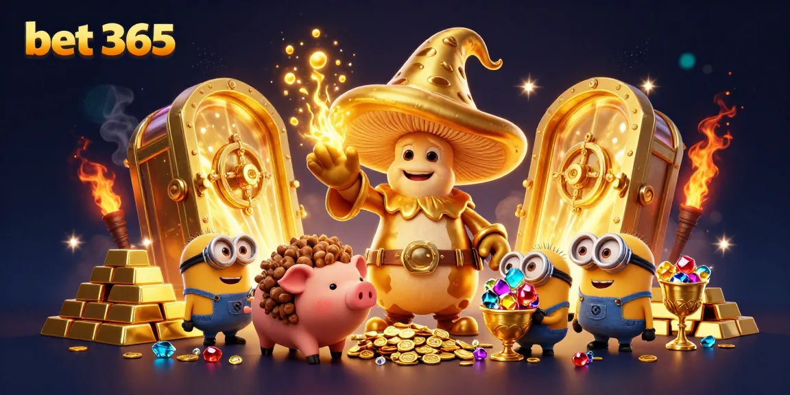 Experience the excitement of bet 365 with a magical golden mushroom wizard and treasures.