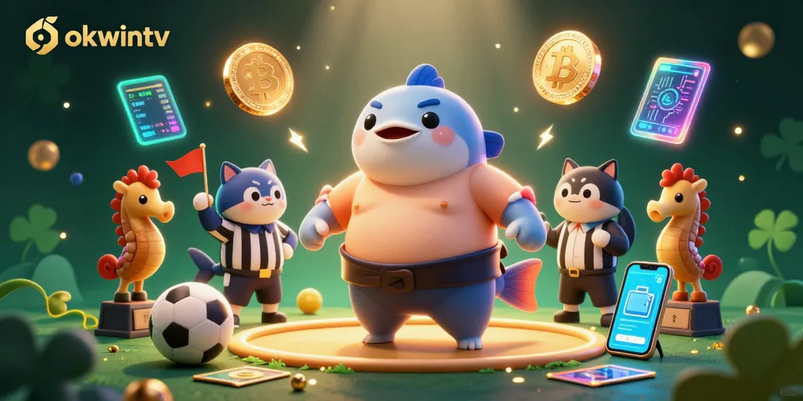 Experience thrilling sports betting with OKWINTV on an underwater stage featuring a fugu, referee catfish, and sports elements.