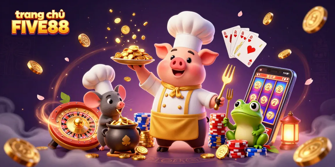 Experience the excitement of trang chủ FIVE88 with vibrant casino elements and characters in a dynamic scene.