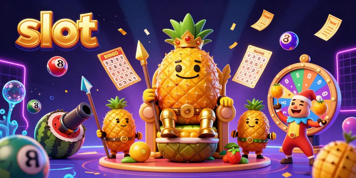 Engage with vibrant slot scenes showcasing the golden pineapple king and lively gaming elements.