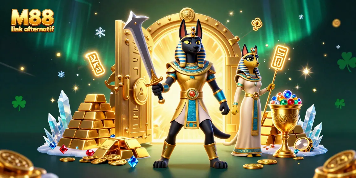 Engage in wealth with M88 link alternatif showcasing an Egyptian warrior surrounded by treasures.