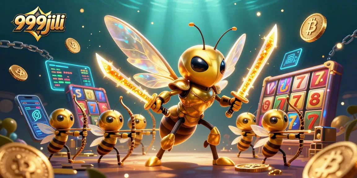 Engage in thrilling gameplay at 999jili with vibrant slot reels surrounding an epic bee warrior scene.