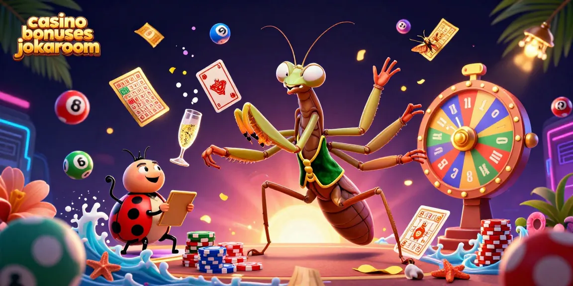 Engaging scene showcasing casino bonuses jokaroom with vibrant lottery balls and a dynamic 3D mantis card sharp.
