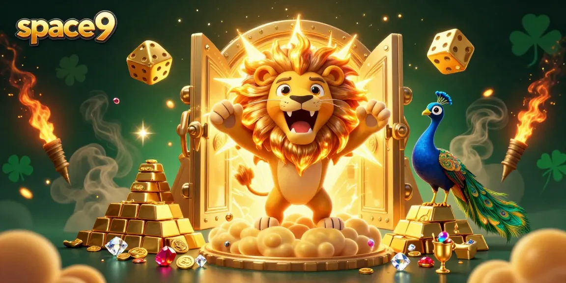 Spin and win at space9, featuring a roaring lion amidst gems and golden treasures.