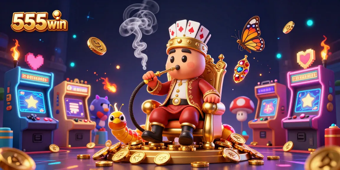 Engage with 555win's vibrant gameplay, featuring a whimsical caterpillar casino master amidst lively 3D arcade elements.
