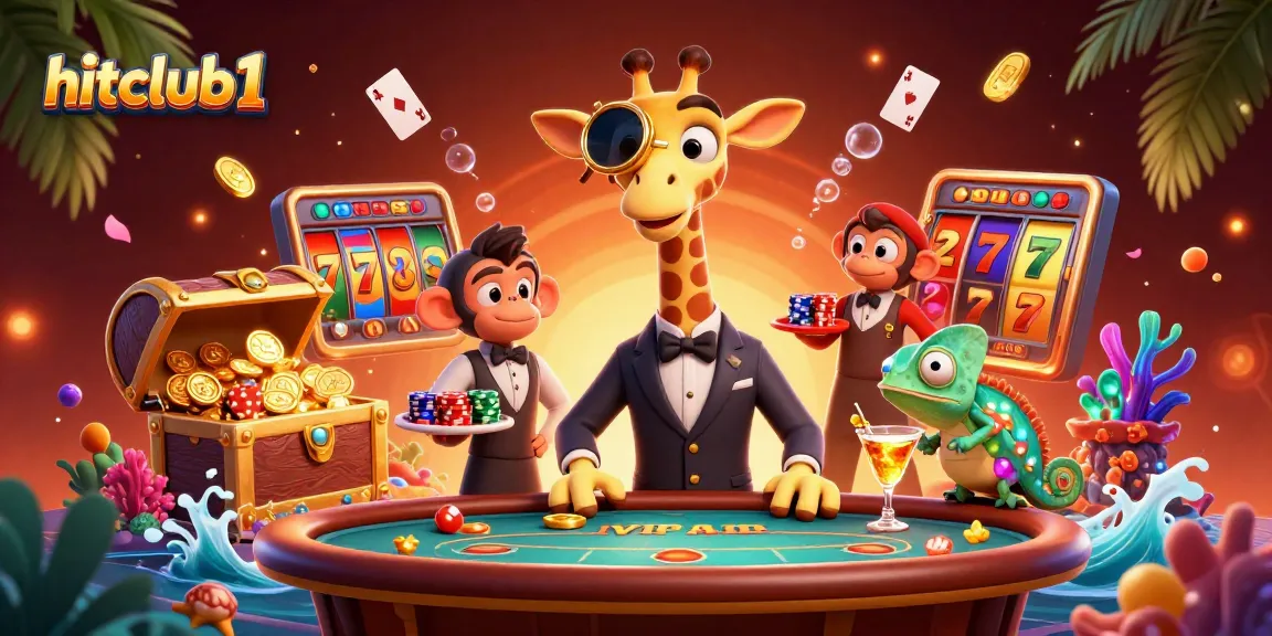 Experience thrilling wins at hitclub1 with a vibrant casino scene featuring a high-roller giraffe and game elements.