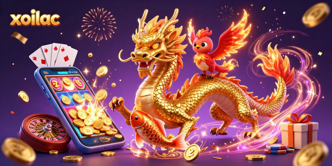 Xoilac players enjoy vibrant online gambling action with famed dragon, phoenix, and koi fish.