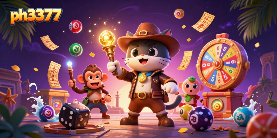 Spin and win with ph3377: a vibrant 3D scene depicting cat explorer uncovering casino treasures amidst dynamic lottery elements.