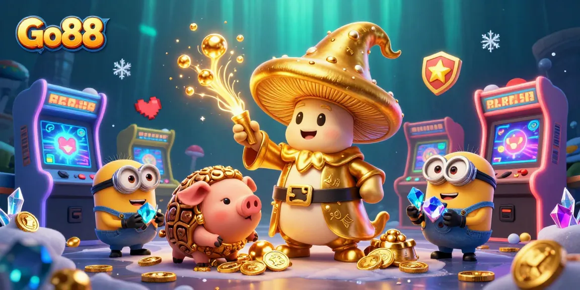 Engage with Go88's exciting gaming magic as a golden mushroom wizard transforms treasures in a vibrant casino.