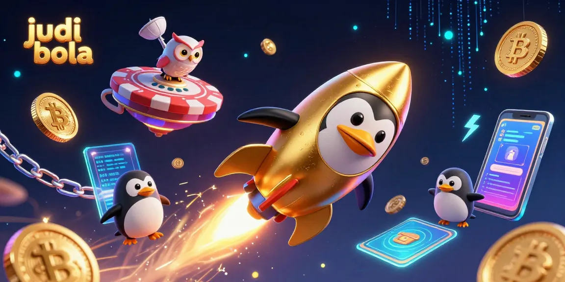 Engage in judi bola adventures with a golden penguin soaring through a dynamic casino universe.