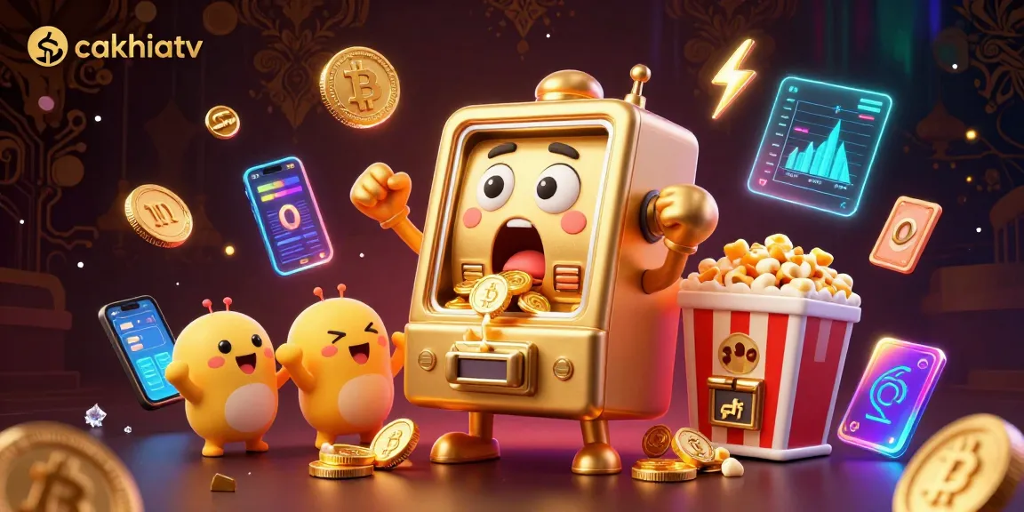 Cakhiatv celebrates jackpots as a golden slot machine wins big amidst cheering baby slots in a vibrant casino scene.