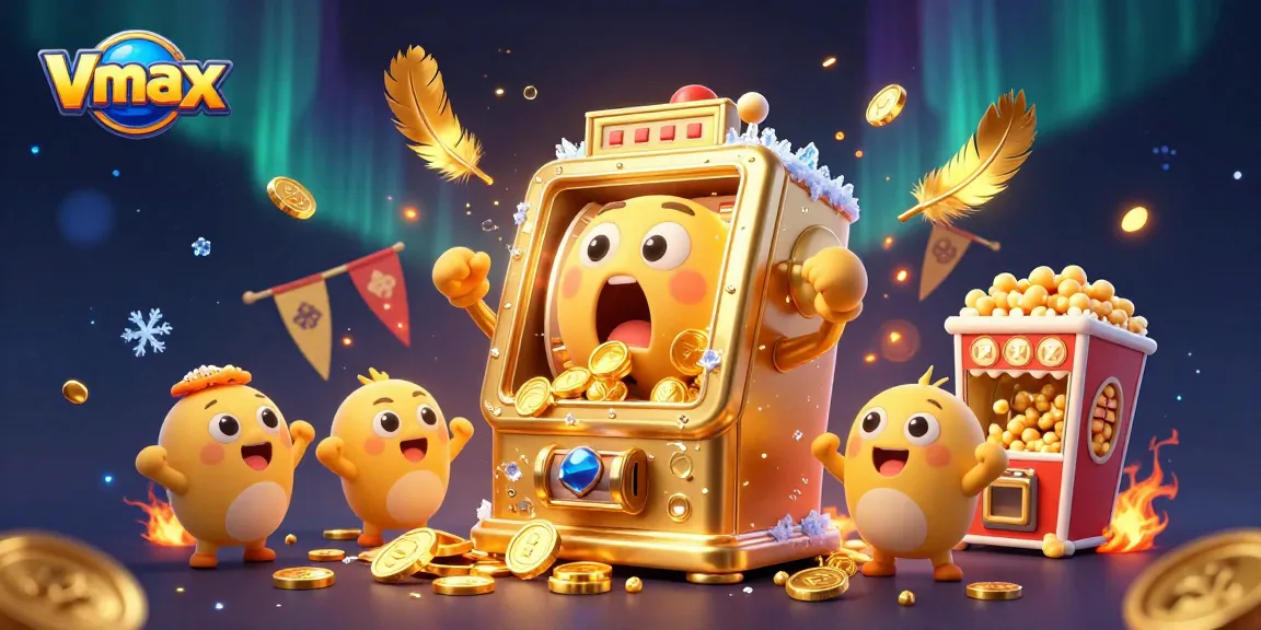 Vmax slot machine hits jackpot, surrounded by cheering machines and golden particles in an exciting gambling scene.