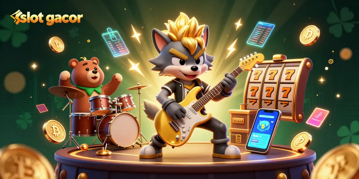 Mengakses slot gacor yang mendebarkan melalui ilustrasi kasino modern dengan karakter yang energik.