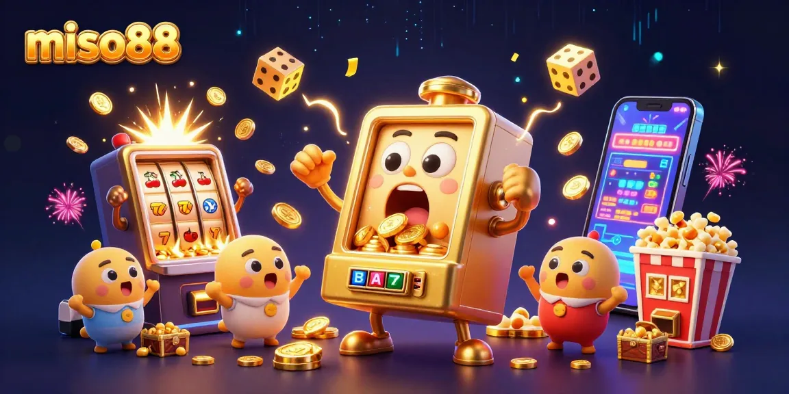 Miso88's thrilling slot machines celebrate a jackpot victory with golden coins cascading everywhere.