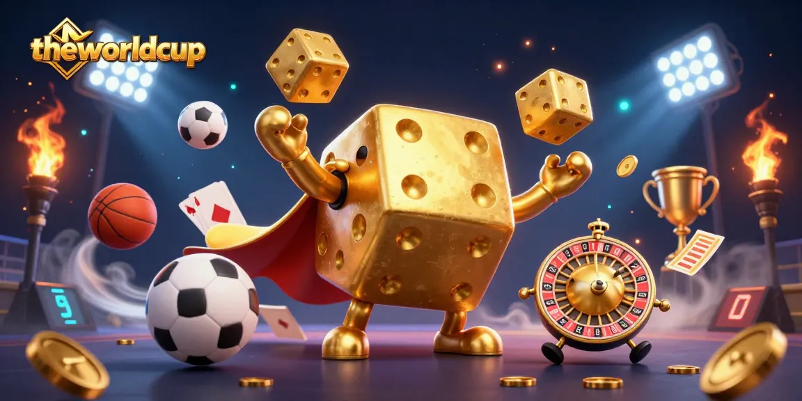 Theworldcup showcases an exciting dynamic sports scene with a golden dice golem and sports elements.