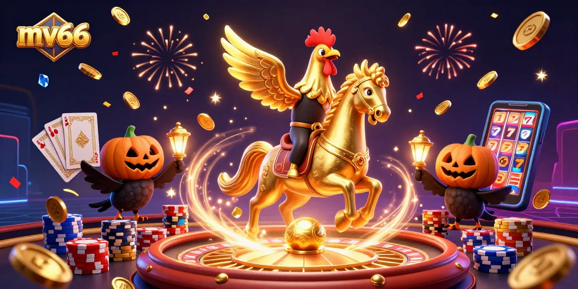 Experience thrilling casino games at mv66 with a golden rooster and treasure-filled excitement.