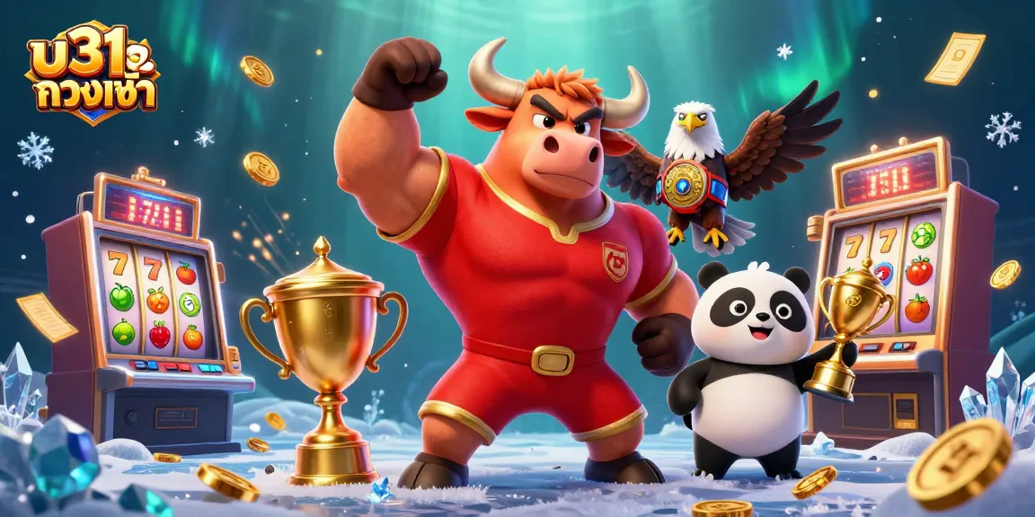เล่น u31 slot ทางเข้า ที่มีวัวมาสคอตกล้ามใหญ่และแพนด้าที่ถือถ้วยรางวัล