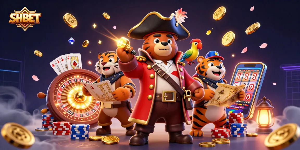Experience SHBET's thrilling world with pirate bear, tiger, and gems in a vibrant casino scene.