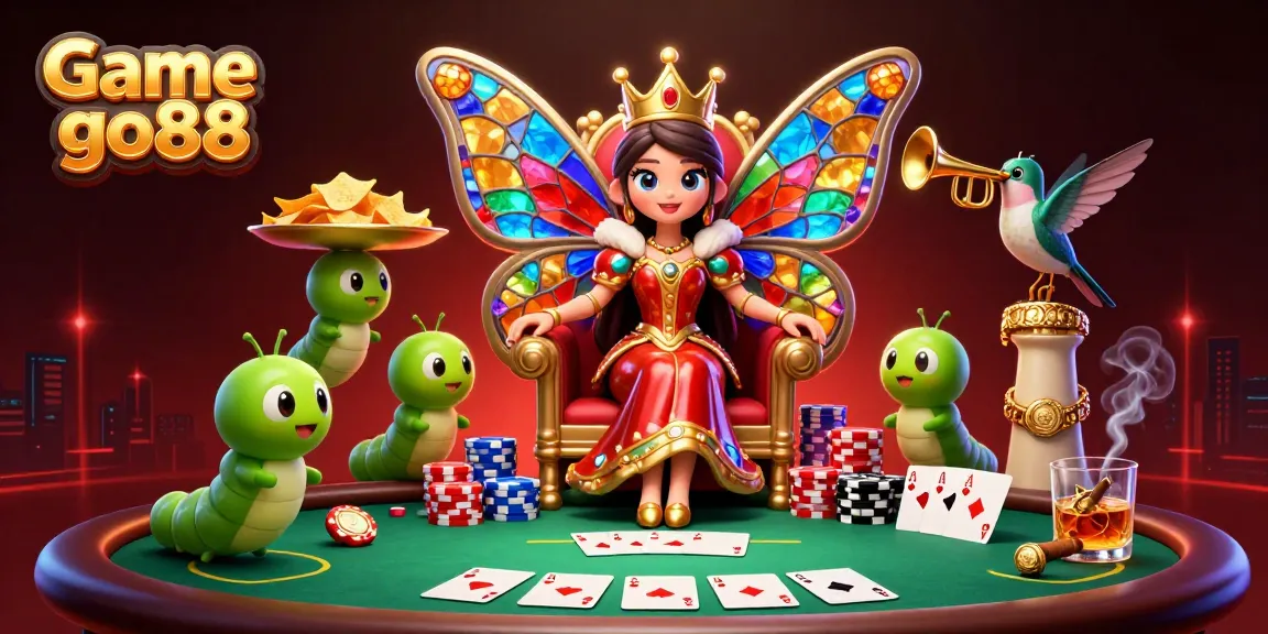 Experience thrilling gameplay at Game go88 with a vibrant casino scene featuring a butterfly queen, chips, and a dealer.