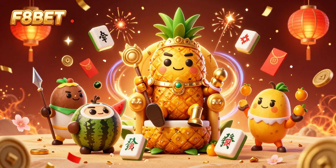 Experience the excitement of F8BET with a golden pineapple king and lively casino elements in a vibrant 3D scene.