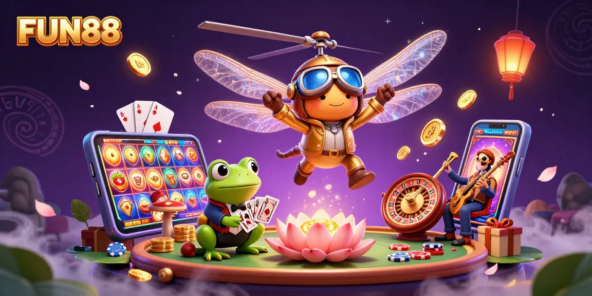 Experience thrilling fun at FUN88's vibrant casino with an engaging scene of games and characters.