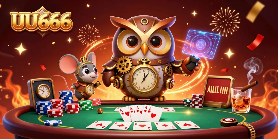 Experience thrilling gaming moments with UU666 in this vibrant casino scene featuring an owl and mouse companions.